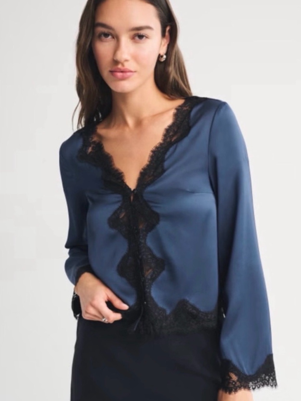 Abercrombie & Fitch Navy Satin Lace-Trim V-Neck Blouse
